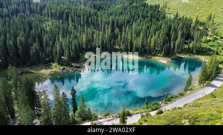 drone photo Carezza lake, Karersee, Lago di Carezza dolomites italy europe Stock Photo