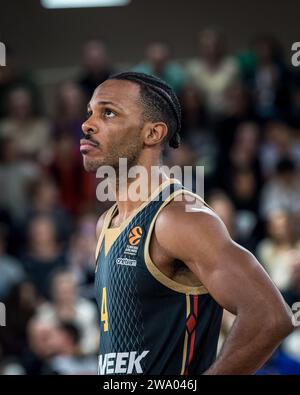 Monaco No.4 Jaron Blossomgame is seen during the match between AS Monaco and FC Barcelona at the Salle Gaston-Medecin in Monaco for the 17th round of the Turkish Airlines Euroleague. Final score; AS Monaco 91: 71 FC Barcelone. Stock Photo