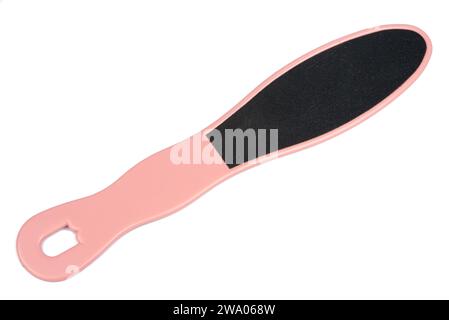 Pink foot file on white background, top view. Pedicure tool Stock Photo