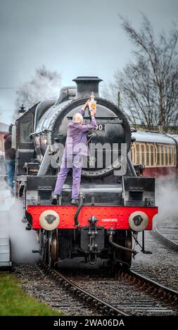 LMS Jubilee Class 6P 4-6-0 no 45690 Leander steam locomotive at Heywood station on the East Lancashire railway. Stock Photo