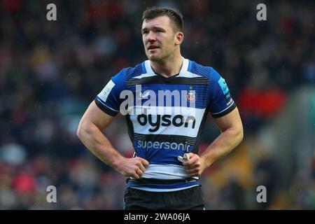 Leicester, UK. 31st Dec, 2023. Jaco Coetzee of Bath during the Gallagher Premiership match Leicester Tigers vs Bath Rugby at Welford Road, Leicester, United Kingdom, 31st December 2023 (Photo by Gareth Evans/News Images) in Leicester, United Kingdom on 12/31/2023. (Photo by Gareth Evans/News Images/Sipa USA) Credit: Sipa USA/Alamy Live News Stock Photo