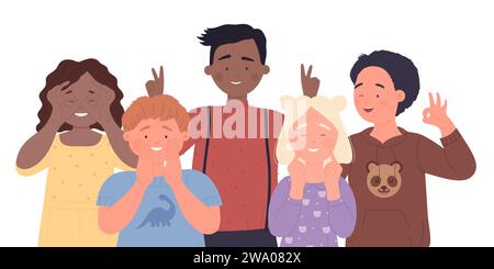 Cute kids friends with jokes and funny gestures standing together in green city park vector illustration. Cartoon multicultural group of happy children students laughing background. Friendship concept Stock Vector