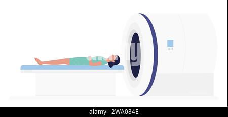 Hospital tomography exam vector illustration examinating patient on diagnostic scanner tomograph MRI machine in medical laboratory scan room isolated Stock Vector