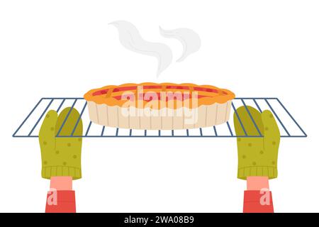 Cartoon chef making traditional pie or tart, view from open door of modern electric oven background. Hands of baker putting fruit cake dessert on tray into kitchen oven to bake vector illustration. Stock Vector