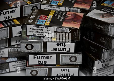 France 31st Dec 2023 In This Photo Illustration Cigarette Packets   France 31st Dec 2023 In This Photo Illustration Cigarette Packets Are Piled Up From January 1 2024 Most Packs Of 20 Cigarettes Will Cross The Symbolic Bar Of 12 Euros Cigars Heating Tobacco And Packets Of Rolling Tobacco Are Also Affected By This Increase Photo By Gerard Bottinosopa Imagessipa Usa Strictly For Editorial News Purposes Only Credit Sipa Usaalamy Live News 2wa0agm 