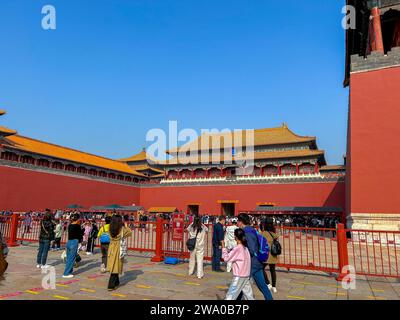 Beijing, China, Large Crowd , Chinese People, Tourists, Visiting in Forbidden City, Imperial Palace Building Stock Photo