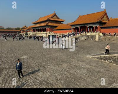 Beijing, China, Large Crowd , Chinese People, Tourists, Visiting in Forbidden City, 'Hall of Supreme Harmony' Imperial Palace Stock Photo