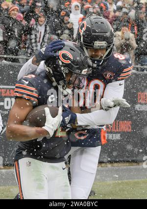 Chicago, United States. 31st Dec, 2023. Chicago Bears wide receiver DJ Moore (2) celebrates scoring a touchdown against the Atlanta Falcons with Collin Johnson (80) at Soldier Field in Chicago on Sunday, December 31, 2023. Photo by Mark Black/UPI Credit: UPI/Alamy Live News Stock Photo