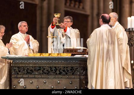 Cologne, Germany. 31st Dec, 2023. Cardinal Rainer Maria Woelki, Archbishop of Cologne, celebrates the end-of-year pontifical mass in Cologne Cathedral. Credit: Thomas Banneyer/dpa/Alamy Live News Stock Photo