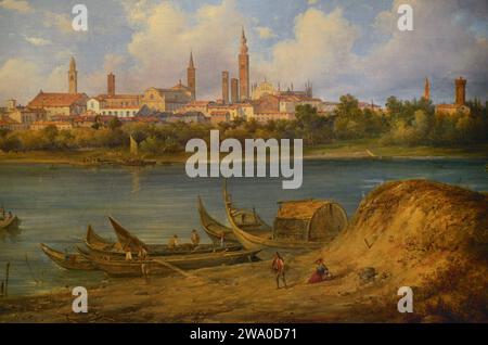 Felice Giuseppe Vertua (1820-1862). Italian painter. View of Cremona from the Po. Detail. Museo Civico Ala Ponzone. Cremona. Lombardy. Italy. Stock Photo