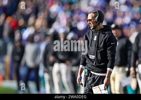 Baltimore, United States. 31st Dec, 2023. Miami Dolphins head coach Mike McDaniel asks for a ruling on a Baltimore Ravens catch during the first half at M&T Bank Stadium in Baltimore, Maryland, on Sunday, December 31, 2023. Photo by David Tulis/UPI Credit: UPI/Alamy Live News Stock Photo