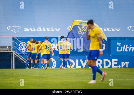 Estoril Praia team players celebrate after scoring a goal during the