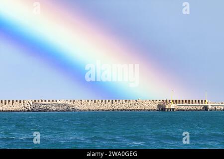 Rainbow over the breakwall at Kahului  on Maui. Stock Photo