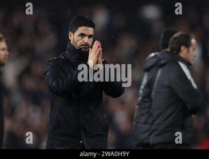 London, UK. 30th Dec, 2023. Mikel Arteta, Manager of Arsenal gestures towards the fans after the Premier League match at Craven Cottage, London. Picture credit should read: Paul Terry/Sportimage Credit: Sportimage Ltd/Alamy Live News Stock Photo