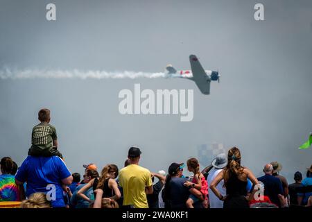 Tora Tora Tora warbird performers fly over the crowd during the 2023 Scott AFB Airshow & STEM Expo, on Scott Air Force Base, Illinois, May 13, 2023. Tora, Tora, Tora began in 1972, when 6 replica Japanese aircraft used in the movie of the same name were donated to the Commemorative Air Force. The Scott AFB Airshow and STEM EXPO demonstrate the Air Force's continuing progress in building the future of airpower with military and civilian air acts including the U.S. Navy Blue Angels, F-35 and F-22 static displays, science, technology, engineering, and math exhibits, and military operations demons Stock Photo