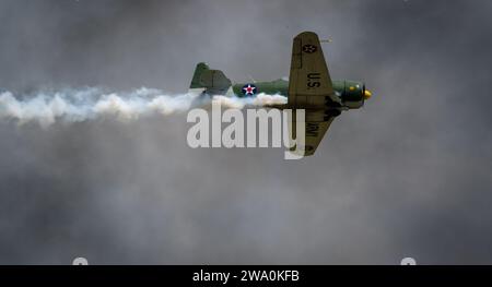 Tora Tora Tora warbird performers fly over the crowd during the 2023 Scott AFB Airshow & STEM Expo, on Scott Air Force Base, Illinois, May 13, 2023. Tora, Tora, Tora began in 1972, when 6 replica Japanese aircraft used in the movie of the same name were donated to the Commemorative Air Force. The Scott AFB Airshow and STEM EXPO demonstrate the Air Force's continuing progress in building the future of airpower with military and civilian air acts including the U.S. Navy Blue Angels, F-35 and F-22 static displays, science, technology, engineering, and math exhibits, and military operations demons Stock Photo