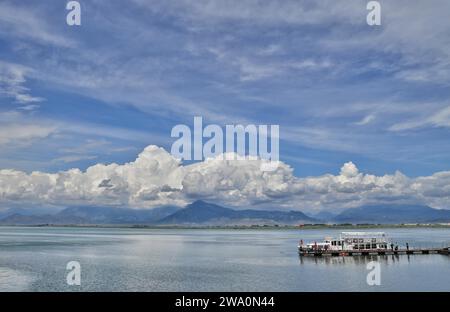 Excursion boat on Lake Skutari, view of the Albanian Alps, Shiroka, Shkodra, Albania, Europe Stock Photo