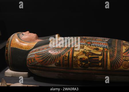 Luxor, Egypt - January 2, 2024:Ancient Egyptian mummy sarcophagus in Luxor Museum Stock Photo