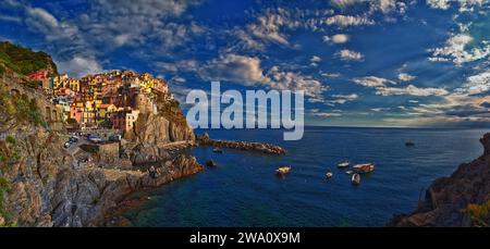 Cinque Terre views from hiking trails of seaside villages on the Italian Riviera coastline. Liguria, Italy, Europe. 2023 Summer. Stock Photo