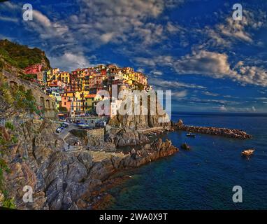Cinque Terre views from hiking trails of seaside villages on the Italian Riviera coastline. Liguria, Italy, Europe. 2023 Summer. Stock Photo