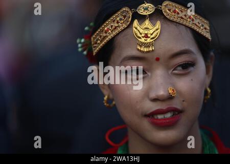 Kathmandu, Nepal. 31st Dec, 2023. A girl in traditional attire from the Gurung community is pictured during the celebration of Tamu Lhosar festival to mark the commencement of Gurung new year in Kathmandu, Nepal, Dec. 31, 2023. Credit: Sulav Shrestha/Xinhua/Alamy Live News Stock Photo