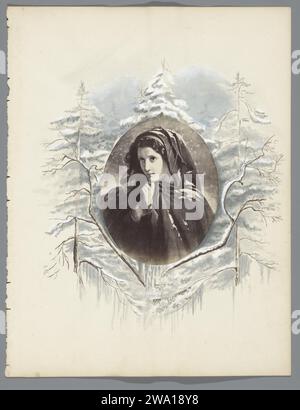 Photo production of a painted portrait of an unknown woman in the snow, anonymous, c. 1870 - c. 1890 photograph Loose album magazine with a photo of an oval painting of a woman in the snow. Decorated with snowy trees in the winter. Belonging to photo album with photos surrounded by pen drawings.  paper. watercolor (paint) albumen print / brush coat. snow. trees. anonymous historical person portrayed Stock Photo