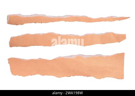 three pieces of torn long peach colored paper on white background with clipping path Stock Photo