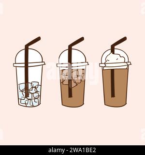 Iced Coffee with ice and cream. Doodle drawing vector Stock Vector