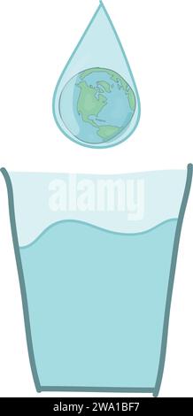 Glass of water with a drop of water with globe inside, for World Water Day on 22 March. Stock Vector
