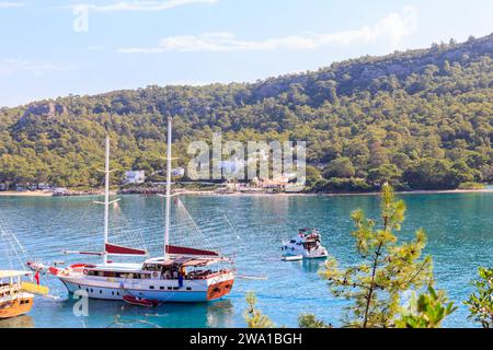 Yachts and boats in bay of Kemer, Antalya province in Turkey Stock Photo