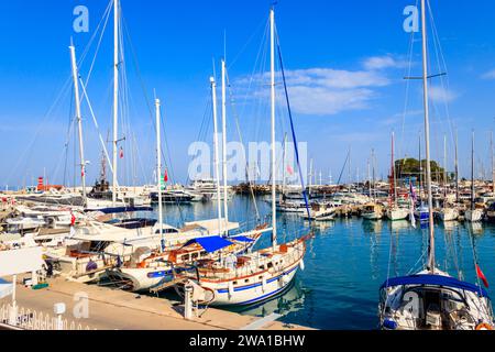 White yachts in the sea harbor of Kemer, Antalya province in Turkey. Kemer Marina on the Mediterranean sea Stock Photo