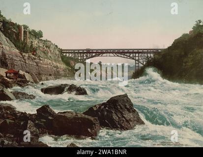 Whirlpool Rapids and Honeymoon Bridge, Niagara River, Niagara, New York 1900. Stock Photo