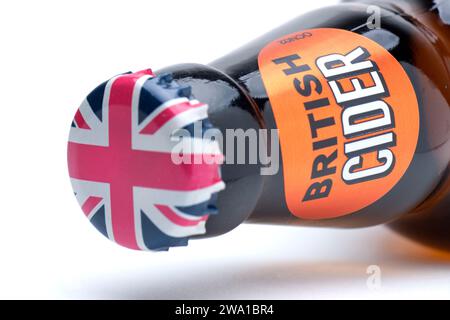 500ml Bottle Top of Westons Cider Mill British Cider in Herefordshire made with 100% British Apples with Union Jack Top Stock Photo