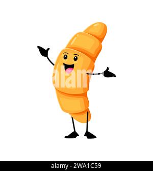 Cartoon cheerful croissant funny takeaway fast food character with a warm, golden-brown crust and a smiling face. Isolated vector fresh baked pastry, radiating a delightful aroma of buttery goodness Stock Vector