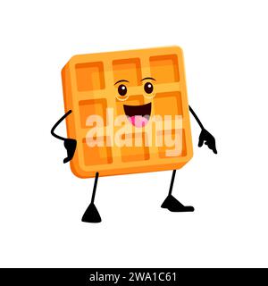 Cartoon cheerful belgian waffle breakfast character. Isolated vector delicious wafer, cute fresh appetizer personage with smiling face. Funny confectionery, pastry snack with waffle-textured body Stock Vector