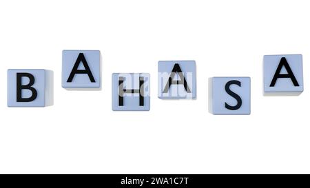 3D rendering of Bahasa words written on dice against a white background. Stock Photo