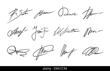 Handwriting signature set. Vector pack with isolated imaginary personal ...