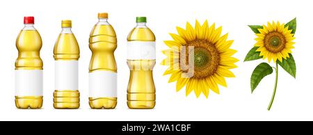 Sunflower oil isolated 3d vector set. Glistening bottles of pure a golden elixir for culinary magic, standing tall beside a radiant sunflowers in full bloom, natural food, plastic flasks and blooms Stock Vector