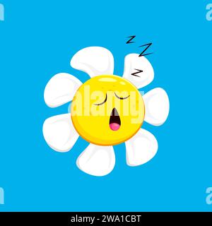 Cartoon chamomile, daisy flower character with sleepy face emotion. Isolated vector peaceful blossom emoji snoozes, emitting tranquility and serenity in its slumber, embodying essence of restful sleep Stock Vector