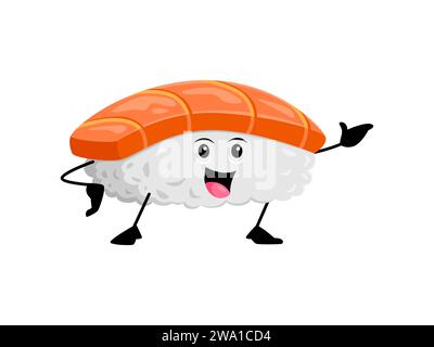 Cartoon cheerful sushi funny takeaway fast food character with a smiling face, rice body, and fish topping, radiating a delightful and appetizing charm. Isolated vector cute asian menu meal personage Stock Vector