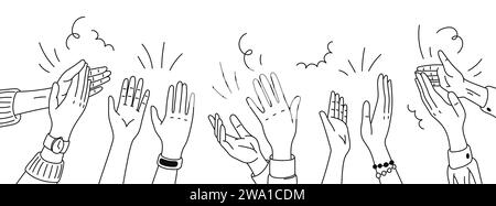 Monochrome doodle applause hands silhouettes, isolated vector linear raised clapping arms in joyous applauding, symbol of appreciation and celebration. An expression of approval and support Stock Vector