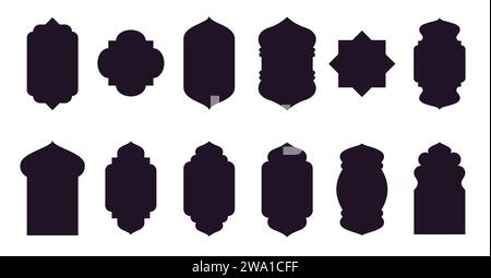 Mosque islamic window, gate and door shapes. Isolated vector set of arab arches. Black portal frames collection. Elegant architecture elements, icons for Muslim Ramadan Kareem or Eid Mubarak holiday. Stock Vector