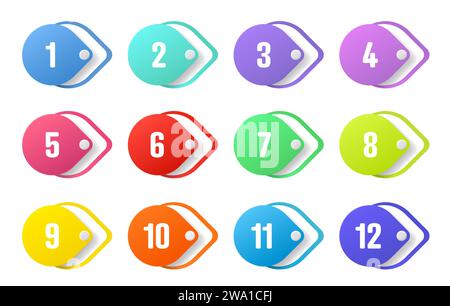 Number bullet points. Color tags, icons and buttons. Isolated 3d vector set of colorful Info markers in shape of drop with realistic shadows, digits from one to twelve. Design elements for infographic Stock Vector