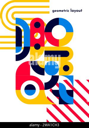 Bauhaus poster with geometric abstract pattern, vector cover background. Retro Bauhaus, Swiss or modern Scandinavian pattern with simple geometric shapes, blue, yellow and black color elements Stock Vector