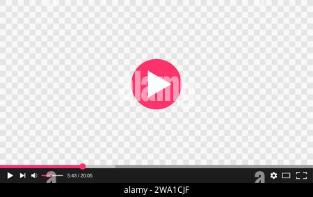 Transparent video player with play and control buttons interface, vector template. Digital web video player window with screen frame on transparent background with menu bar for online stream media Stock Vector