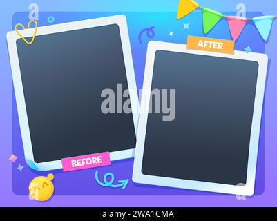 Before and after template with photo frames on paper clip, vector background. Comparison, VS change compare and transformation challenge template of before and after for social nets media Stock Vector