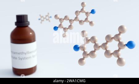 3d rendering of 3,3′,5,5′-Tetramethylbenzidine or TMB molecules with brown glass bottle.  This reagent used in enzyme-linked immunosorbent assays or E Stock Photo