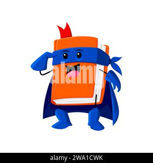 Cartoon textbook school supply superhero and defender character. Isolated vector book dynamic personage with bookmark and pages, filled with knowledge, empowers students on their educational quests Stock Vector