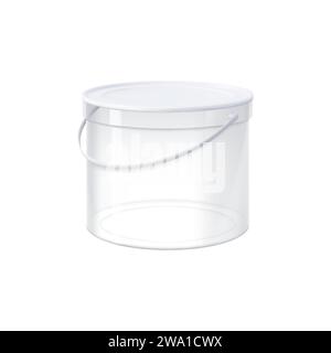Realistic plastic bucket, container or bin. Isolated 3d vector transparent empty pail with handle and lid. Empty round package template for storage of food, honey, mayonnaise or ice cream, front view Stock Vector