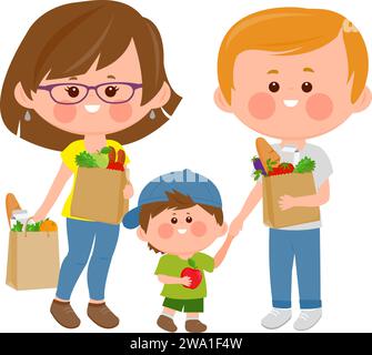 People carrying paper bags with groceries. Family with shopping bags buying food in a supermarket. Vector illustration Stock Vector